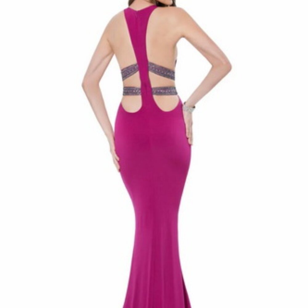 Terani Couture Fuchsia Embellished Razor Back Jersey Gown